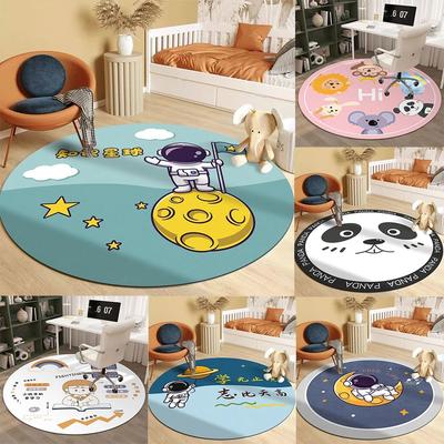 Round Cartoon Space Astronaut Pattern Carpet Soft Rug For Kids Room Bedroom Study Area Home Decor Children Students Use