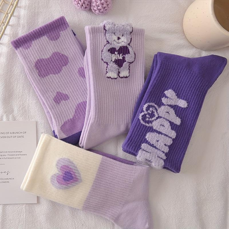 5 Pairs Women'S Mid-Calf Socks Purple Socks Autumn Winter High Aesthetic Long Tube Cute ' Trendy Socks Suitable for Daily Use