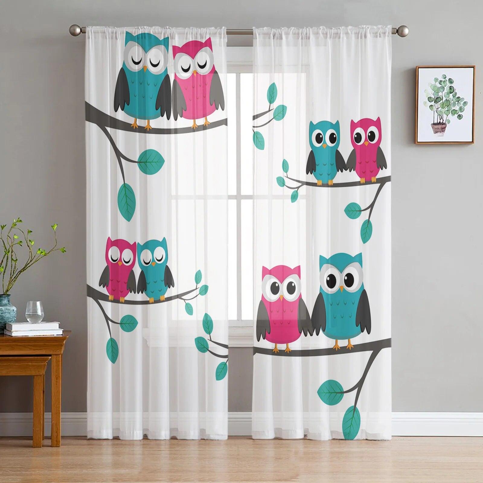 

Шифоновые прозрачные шторы с изображением совы, пара, стоящая на ветке, для гостиной, спальни, декор, оконная вуаль, тюлевые занавески, шторы W135 x H114cm