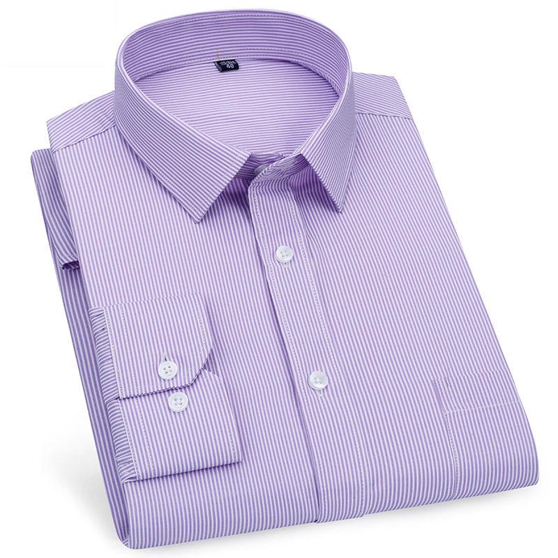 Striped Plaid Checked Men's Business Casual Shirts Regular Fit Long Sleeve White Blue Cotton Social Work Dress Shirts KOACUS