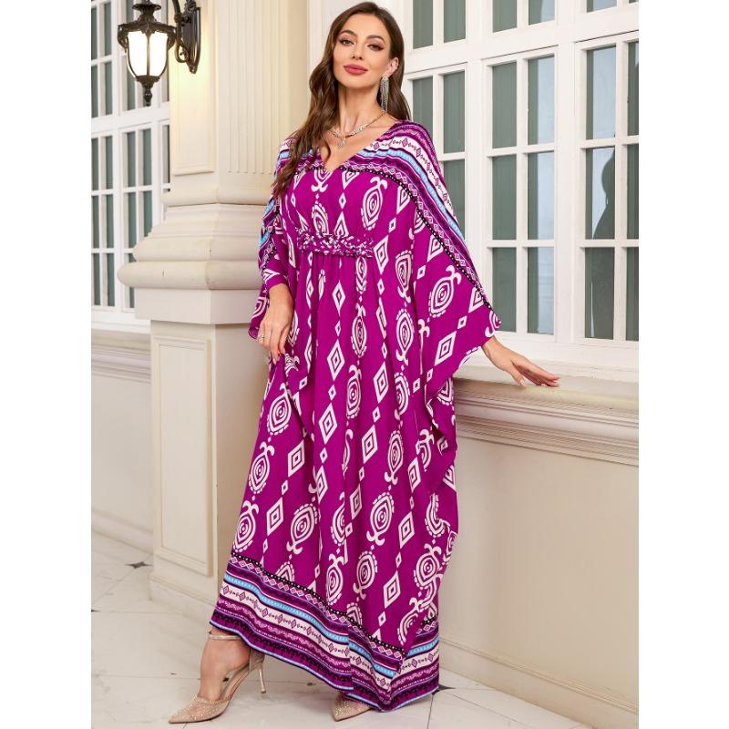 Vestidos casuales holgados con escote en V y manga larga con estampado geométrico de moda para mujer primavera otoño