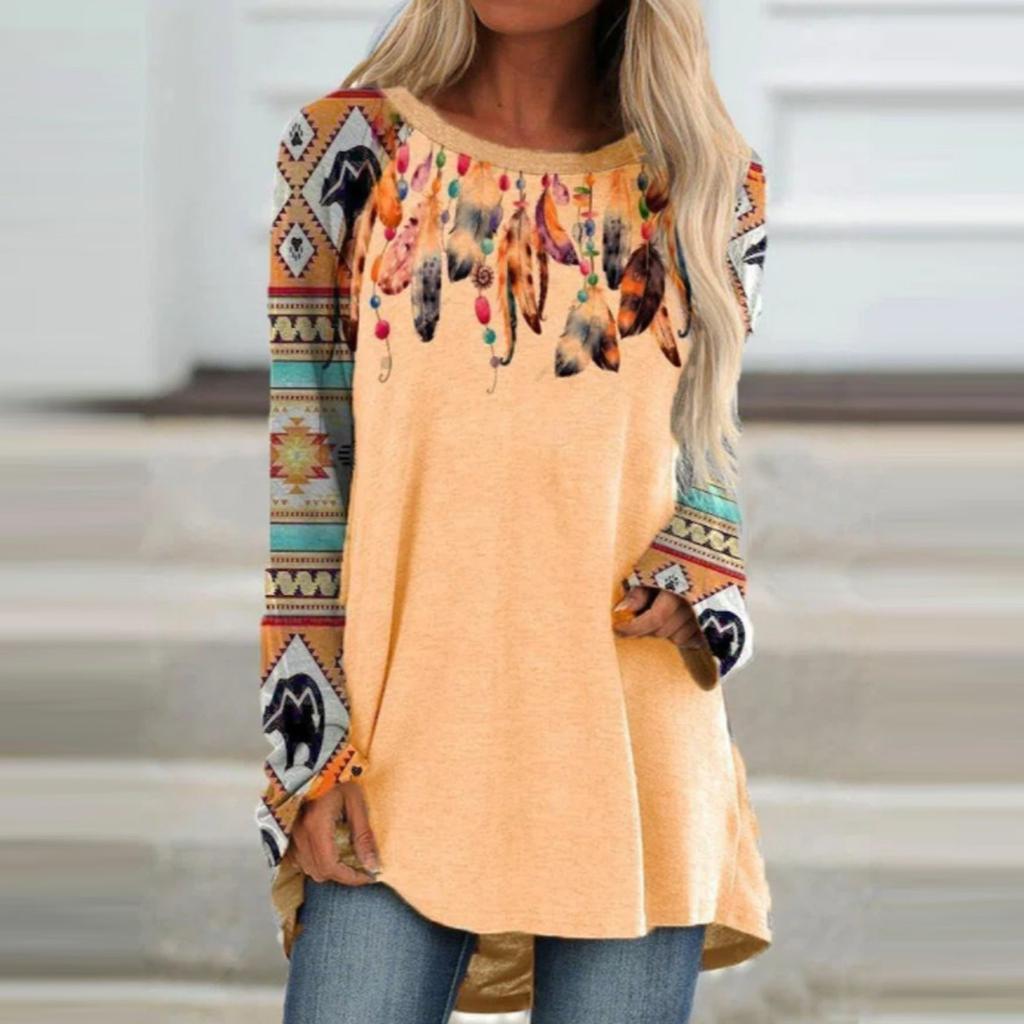 Women's Casual Fashion Creative Print Loose Round Neck Long Sleeve Tops