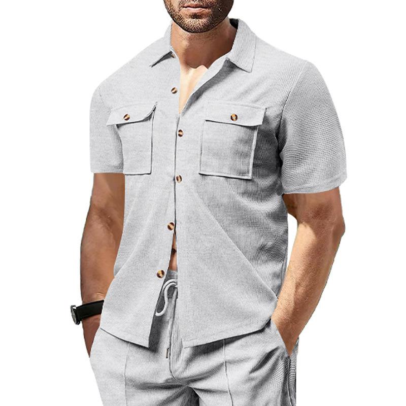 Summer European and American men's waffle short-sleeved casual solid color lapel button-up pocket tooling shirt