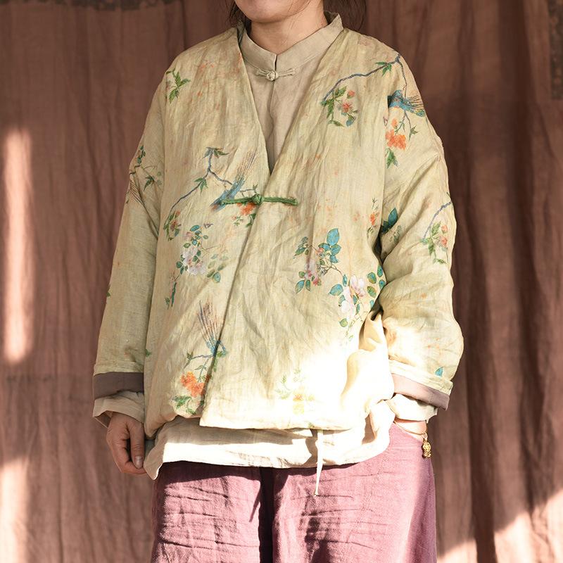 Johnature Women Vintage Print Floral Parkas V-Neck Long Sleeve Warm Autumn Coats Linen Chinese Style Single Button Parkas