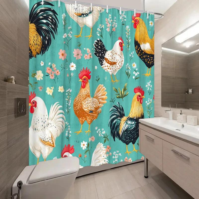 1pc Chicken Pattern Shower Curtain - Teal Background, Pink & Yellow Flowers, Detailed Feathers, Hand-Painted Look W90xH180cm