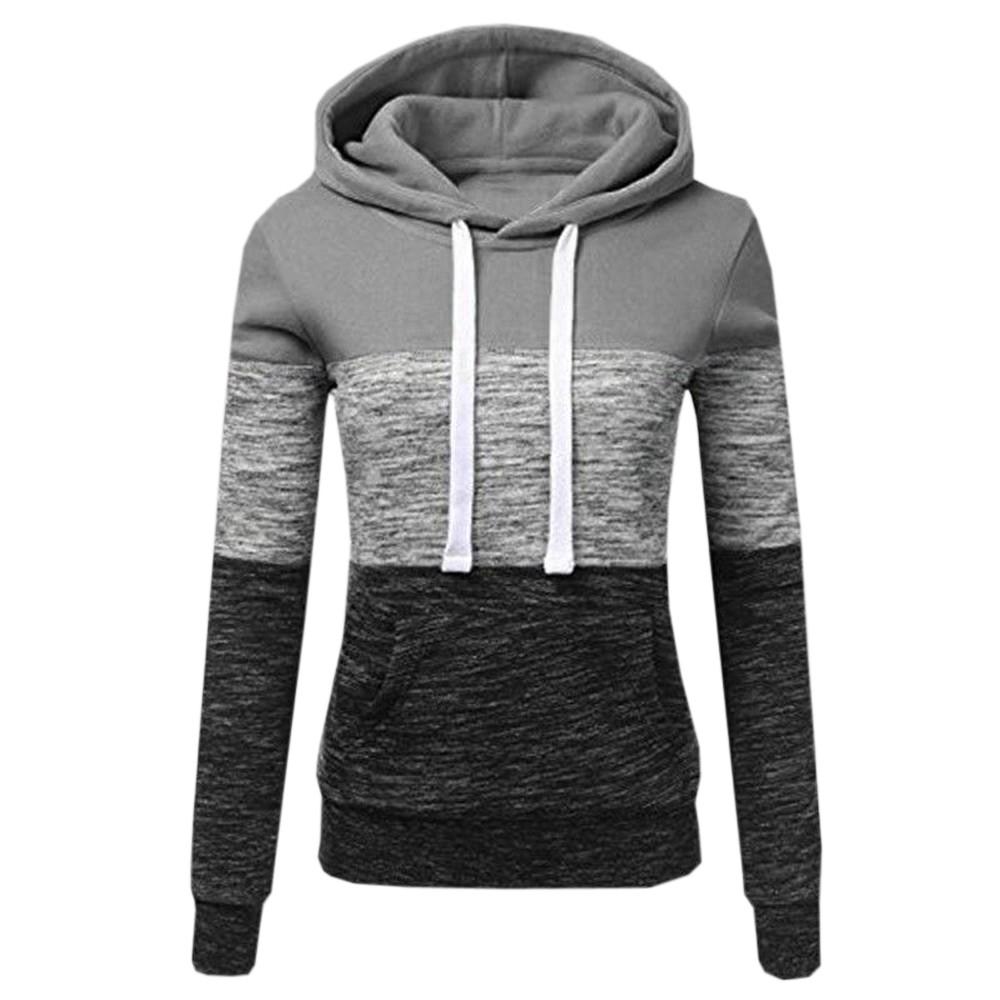 Fashion Womens Casual Hoodies Sweatshirt Patchwork Ladies Hooded Blouse Pullover