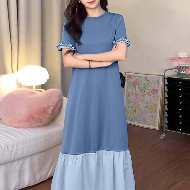 ZANZEA Women Casual Round Neck Summer Short Sleeve Splice Long Dress