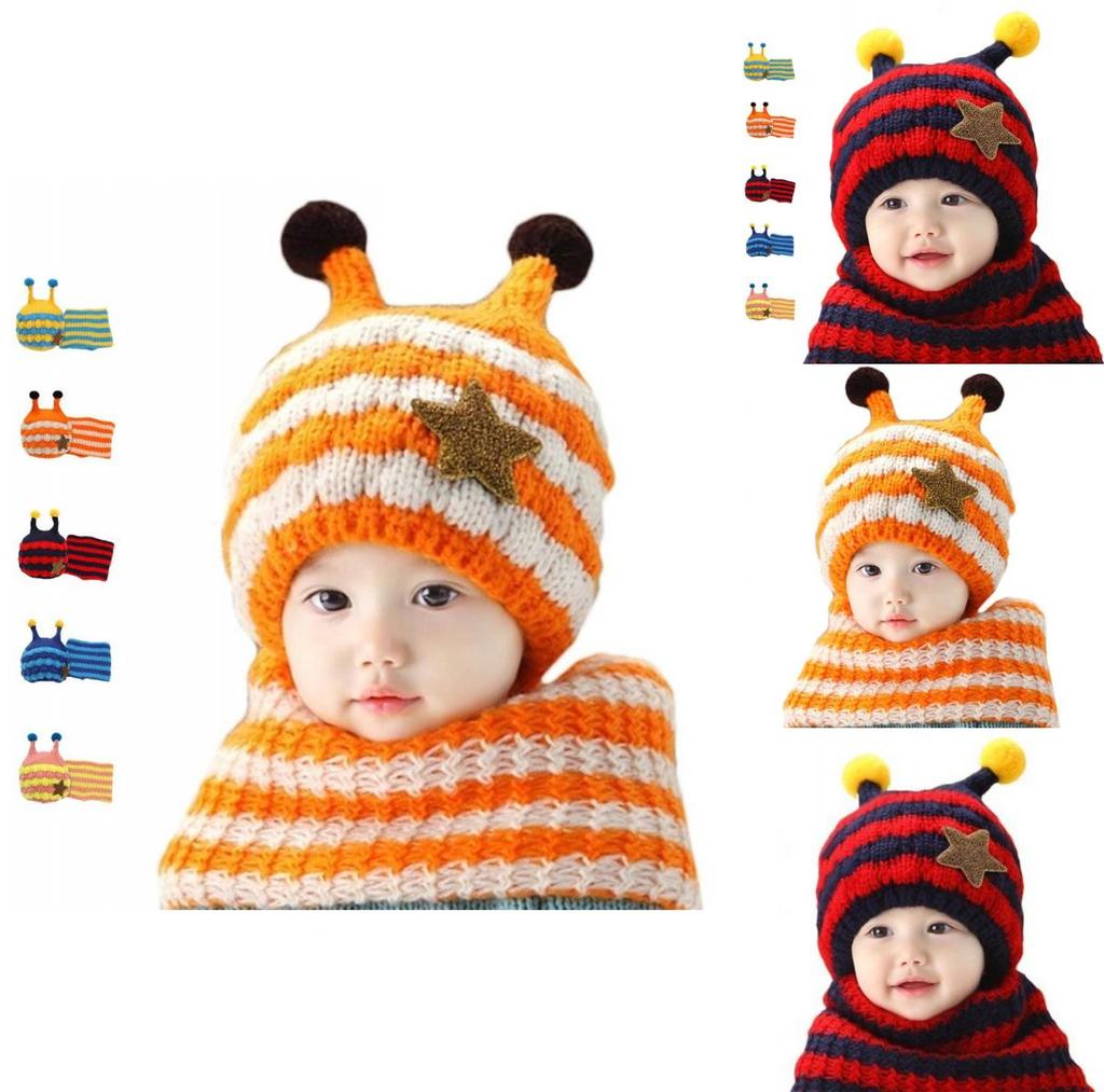 Winter Kids Hat With Plush Ear Protection Big Five-pointed Star Hat Scarf Set Striped Woolen Material Blue Yellow Orange Red Pink
