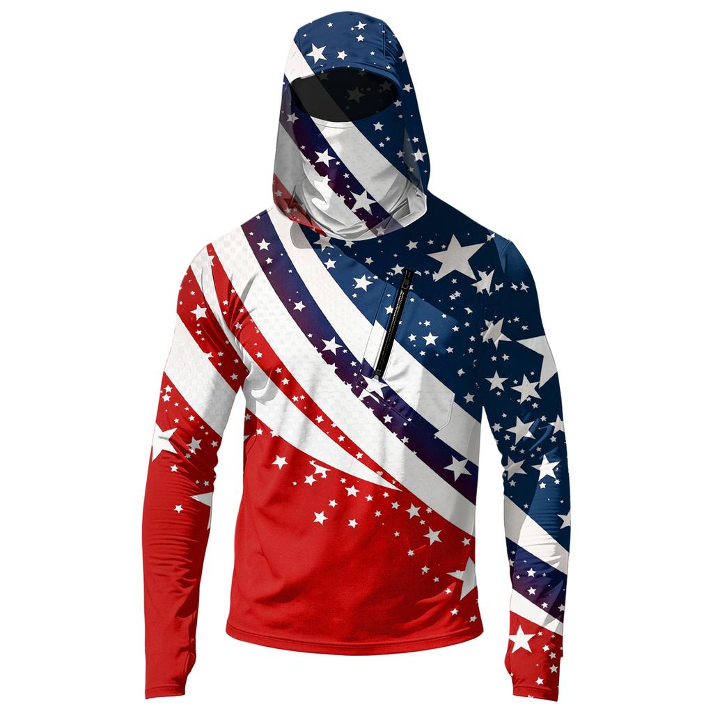 Men’s Casual Hooded Long Sleeve Sun Protection Top with Independence Day Themed Print and Front Zipper Pocket Design