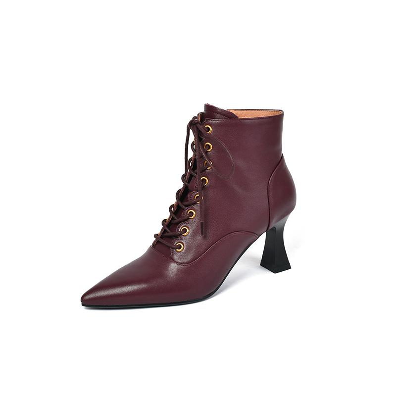 

Винтажные женские ботильоны для зрелых женщин, остроносые, на высоком каблуке, со шнуровкой, из натуральной кожи, женские, новинка 2024 года, офисное платье на осень-зиму 38 вино красного