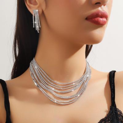 Claw Chain Series Multi-layer Rhinestone Exaggerated Necklace Earrings Set Dinner Collarbone Necklace