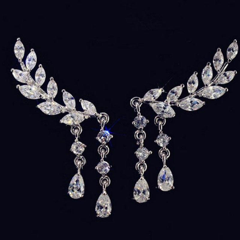 Crystal Women Zircon Leaves Tassel Drop Dangle Earrings