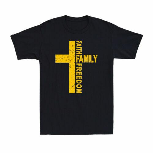 

Faith Family amp; FreedomAmerican Patriotic Christian Cross Retro Men039;s T-Shirt Unisex T-Shirt M