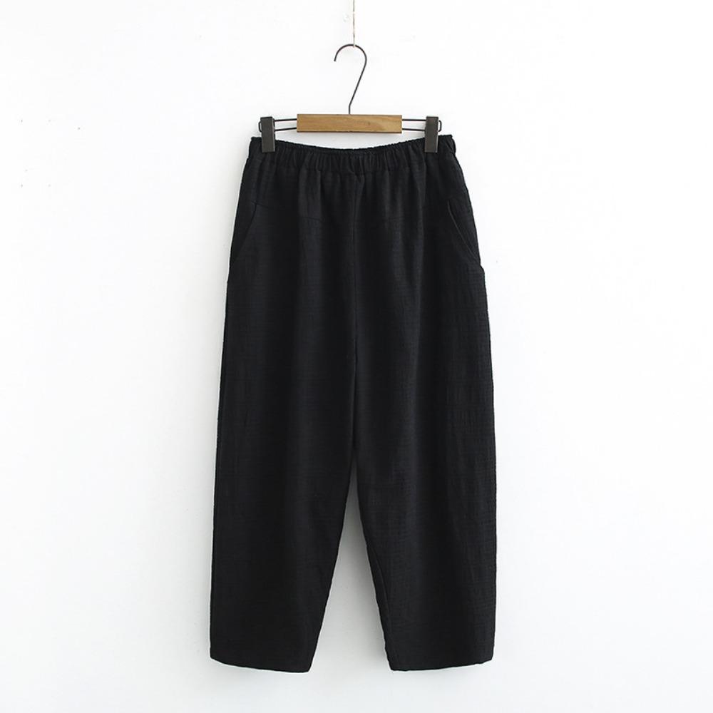 Хлопковые и льняные брюки женские весенне-летние повседневные этнического стиля больших размеров повседневные шаровары L чёрный