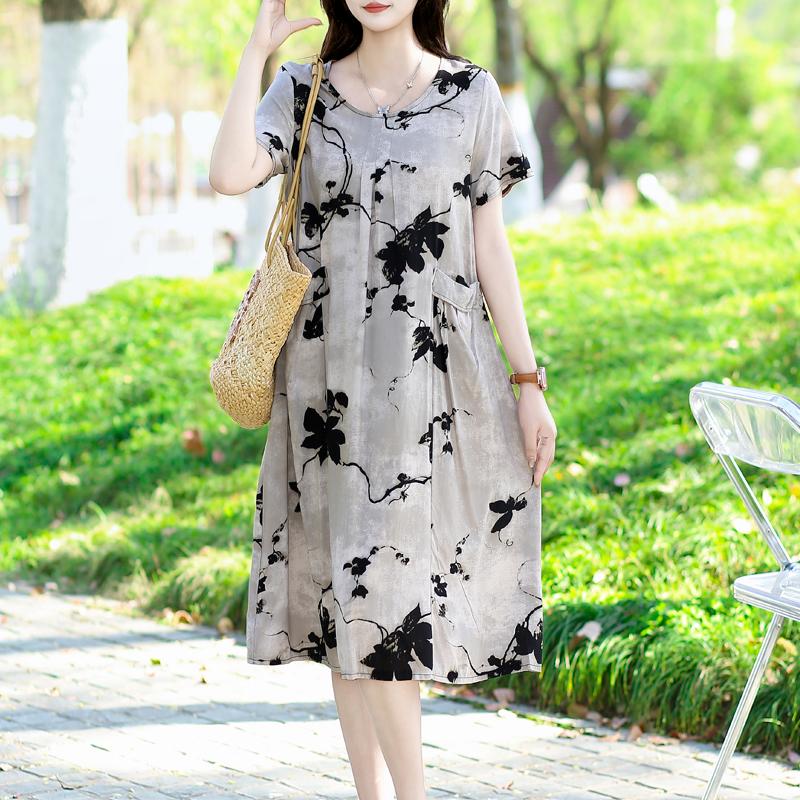 Summer Dresses O-neck Print Long Dress Short Sleeve Women Long Dresses Bohemian Cotton Style Loose Dresses Women Clothing