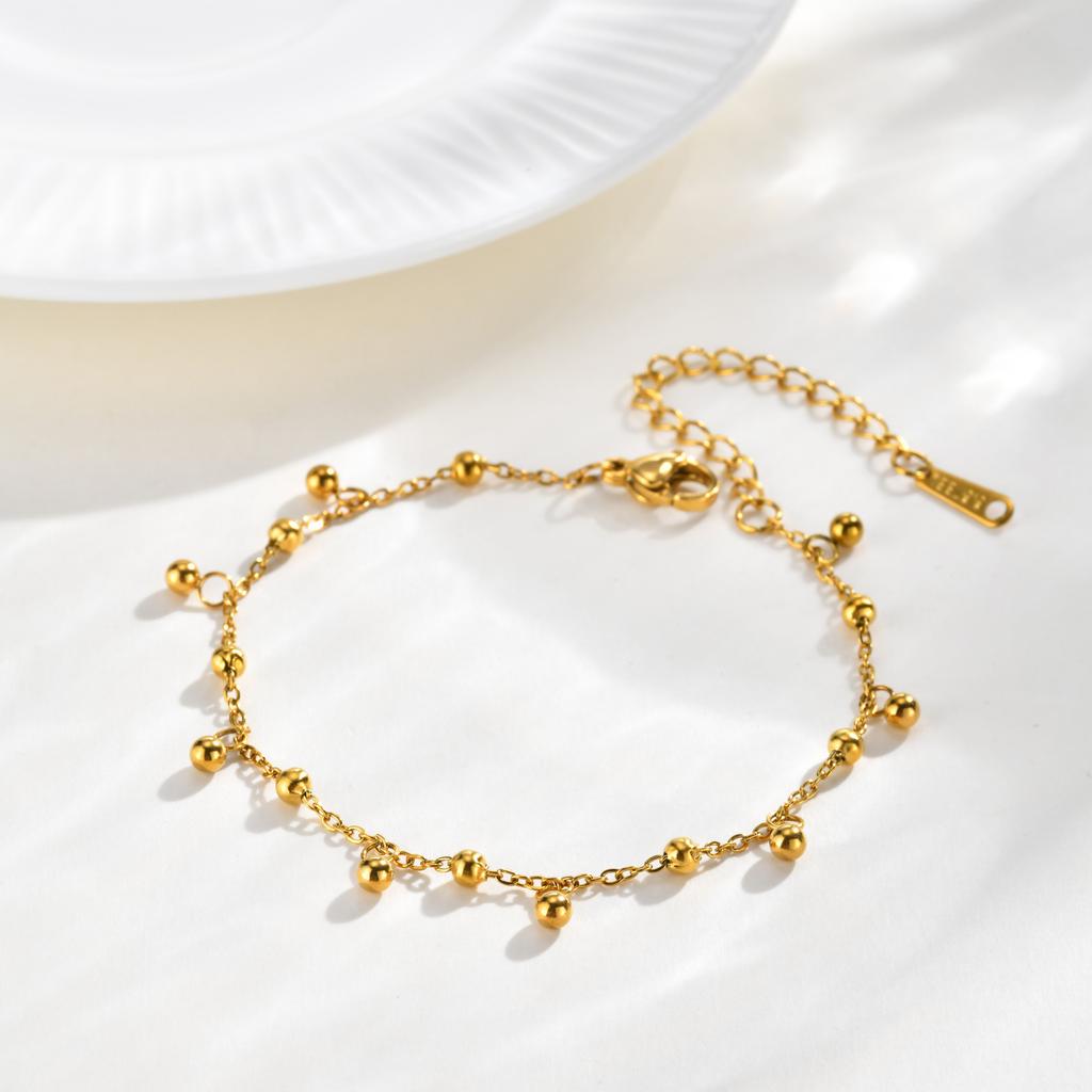Minimalist Dangling Ball Charm Chain Bracelet 18K Gold Plated Stainless Steel Adjustable Size Daily Wear Jewelry for Female