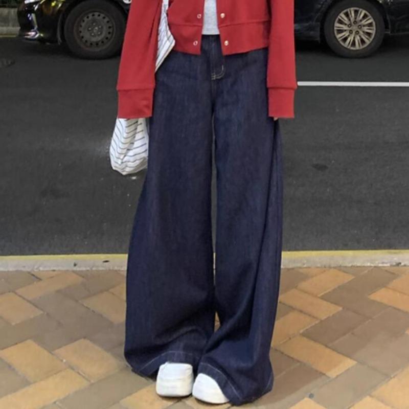 

Модные новые свободные синие широкие джинсы женские осенние прямые повседневные джинсовые брюки для женщин винтажные элегантные офисные женские брюки с высокой талией 25108 M темно-синий
