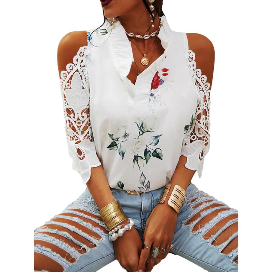 Summer New Women's Top Floral Print Off-Shoulder Lace Patchwork Long Sleeve T-Shirt for Women