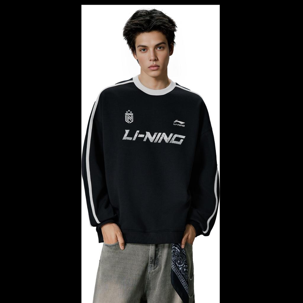 Li-Ning Comfortable Simple Letter Versatile Round Neck Fleece Loose Casual Warm Sweatshirt Unisex Sweatshirt Black AWDVC87-2