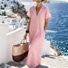 Women Casual Vacation V Neck Short Sleeve Solid Color Loose Maxi Dress