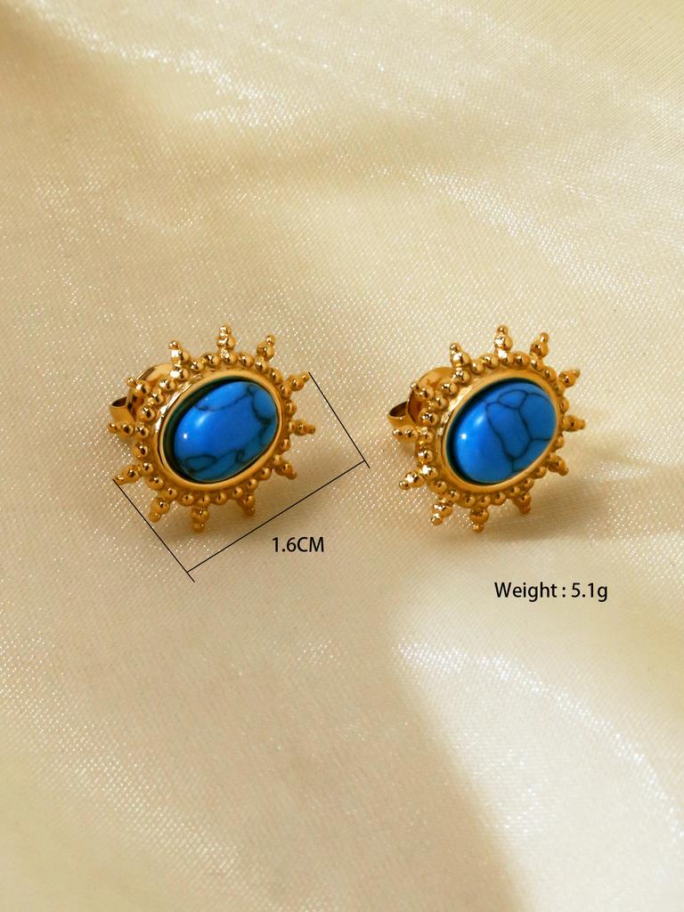 1 Pair Vintage French Natural Stone Blue Zircon Stainless Steel 18k Gold Plated Women's Stud Earrings for Women's Daily Wear