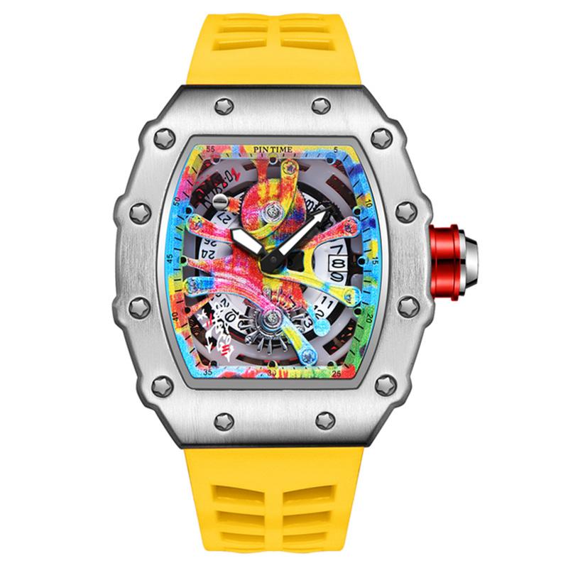 

PINTIME Модні Годинники Чоловічі Хіп-Хоп Спортивні Чоловічий Годинник Чоловічий Силіконовий Гумовий Ремінець Бочкоподібний Годинник жовтий/срібний