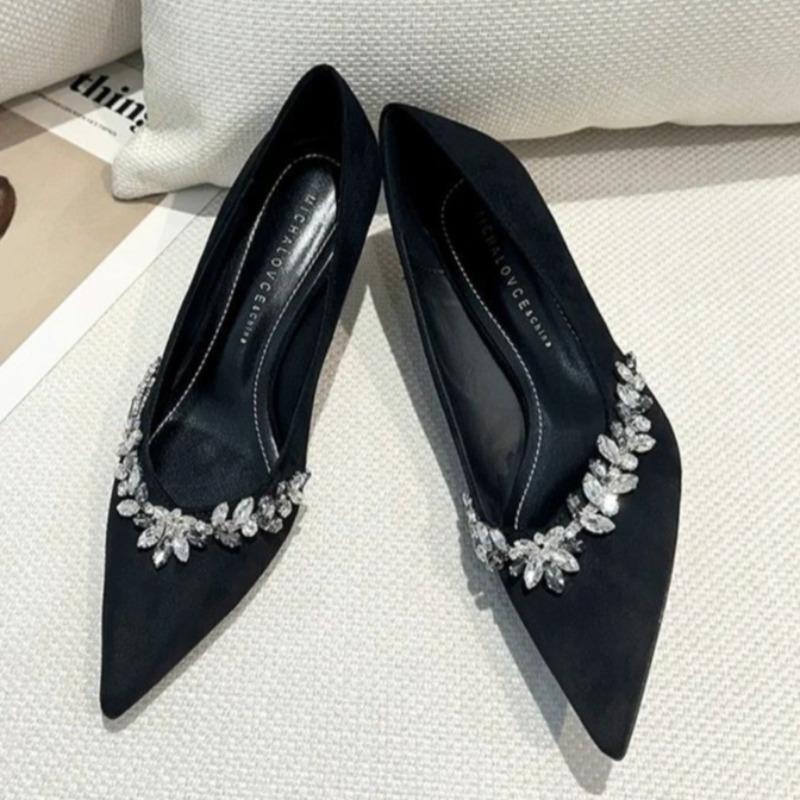 Mode Damenmode Schuhe mit schlanken Absätzen Herbst Neu Spitzkopf Flacher Ausschnitt Wildleder Kristall Rutschfest Verschleißfest Hohe Absätze