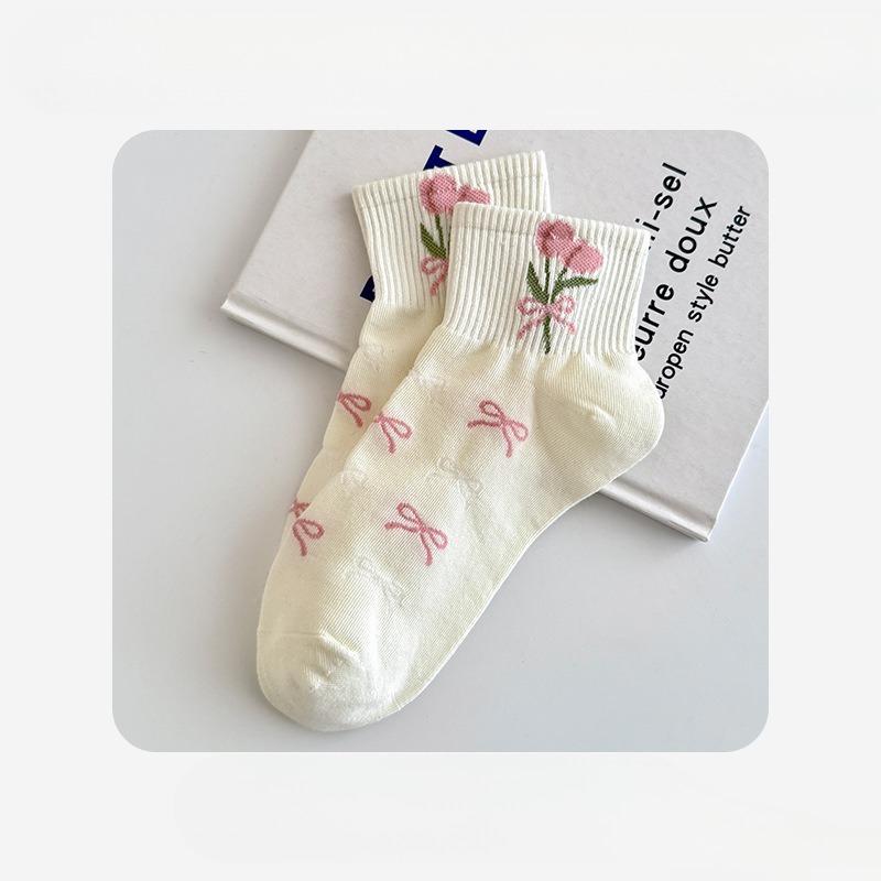 Female Spring and Summer Versatile Cartoon Cute College Style Bow Student Tube Cotton Socks