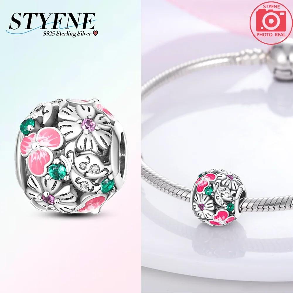 Pink Flowers Gold Butterflies Plant 925 Silver Bag Charms Beads Fit Bracelet Women Accessory Fine Gift Diy Jewelry