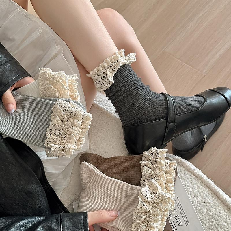 Autumn Socks Japanese Students Lace Double Needle Tube Socks Female Sweet Lolita Jk Wind Pile Socks