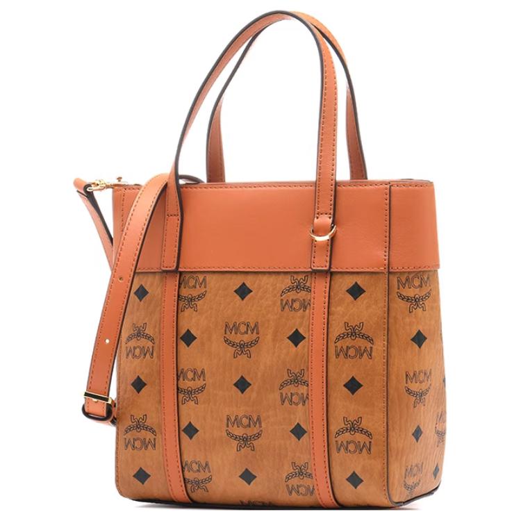 Mcm Women's Brown Monogram Print New Version Tote Bag Canvas With Calfskin Trim Tote Bag Cognac Mwpdsta01co001