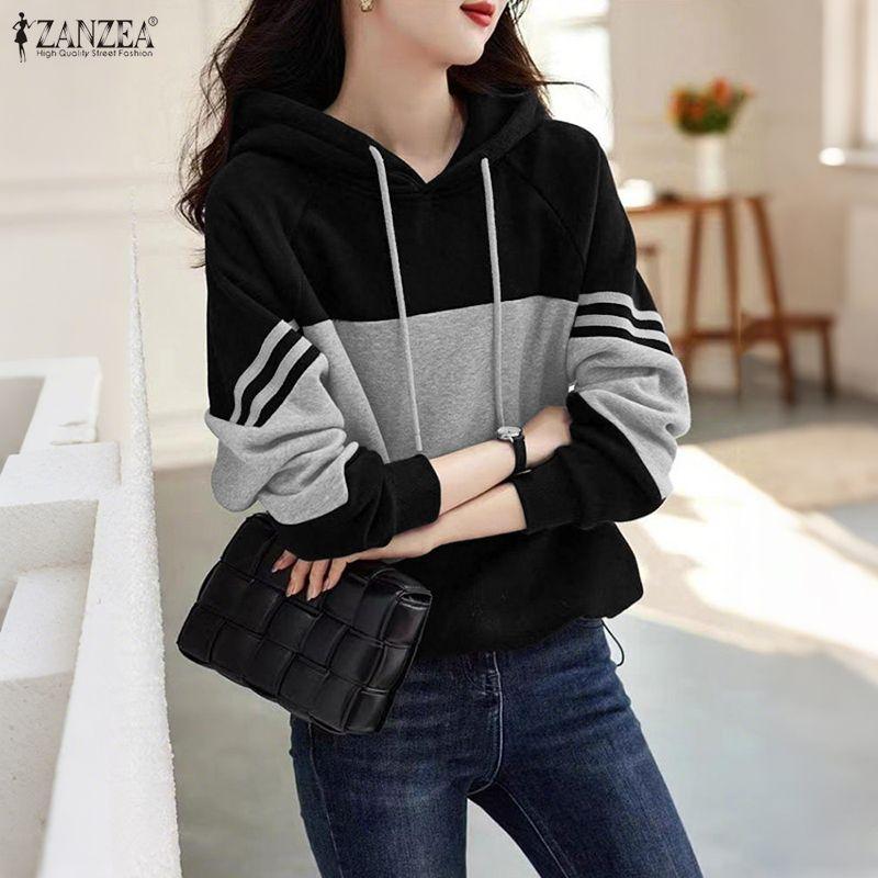 ZANZEA Women Hoodies Casual Long Sleeve Patchwork Pullover Hooded Sweatshirts