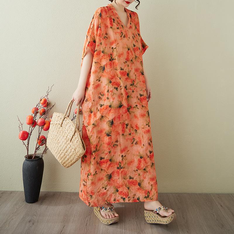 DIMANAF 2025 Lato Plus Size Nowa Sukienka Kobiety Vintage Długa Codzienna Luźna Podstawowa z Nadrukiem Dekolt w Serek Sukienka Maxi