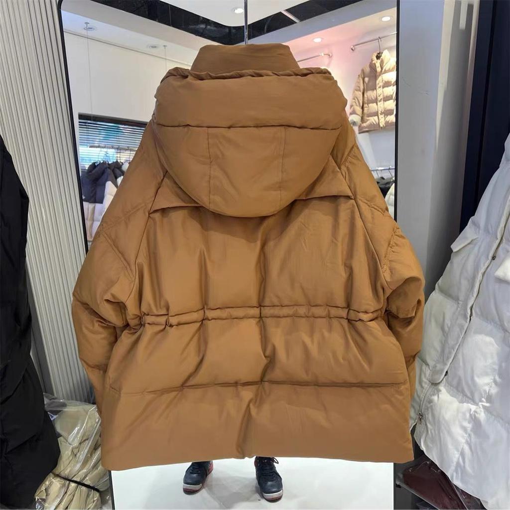 Women's Autumn Winter Down Jacket Short Hooded Single Breasted Loose Adjustable Waist Straight Tube White Duck Down Coat