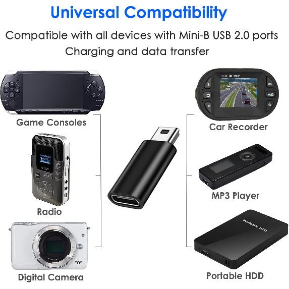USB C to Mini USB Adapter 2 Pack, USB Type C Female to Mini USB 2.0 Type-B Male Adapter, Support Charging and Data Transfer, Compatible Digital