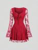 Leichtes französisches Retro-Spicy-Girl-Spitzen-Minikleid mit quadratischem Ausschnitt & Bindebändern an den langen Ärmeln