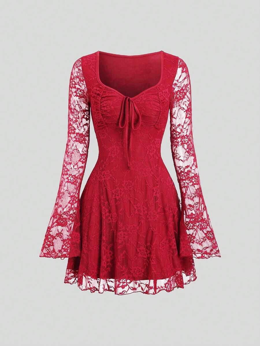 Spicy French Retro Lace Mini Dress with Square Neck and Tie-Up Long Sleeves Extra Large вино красного