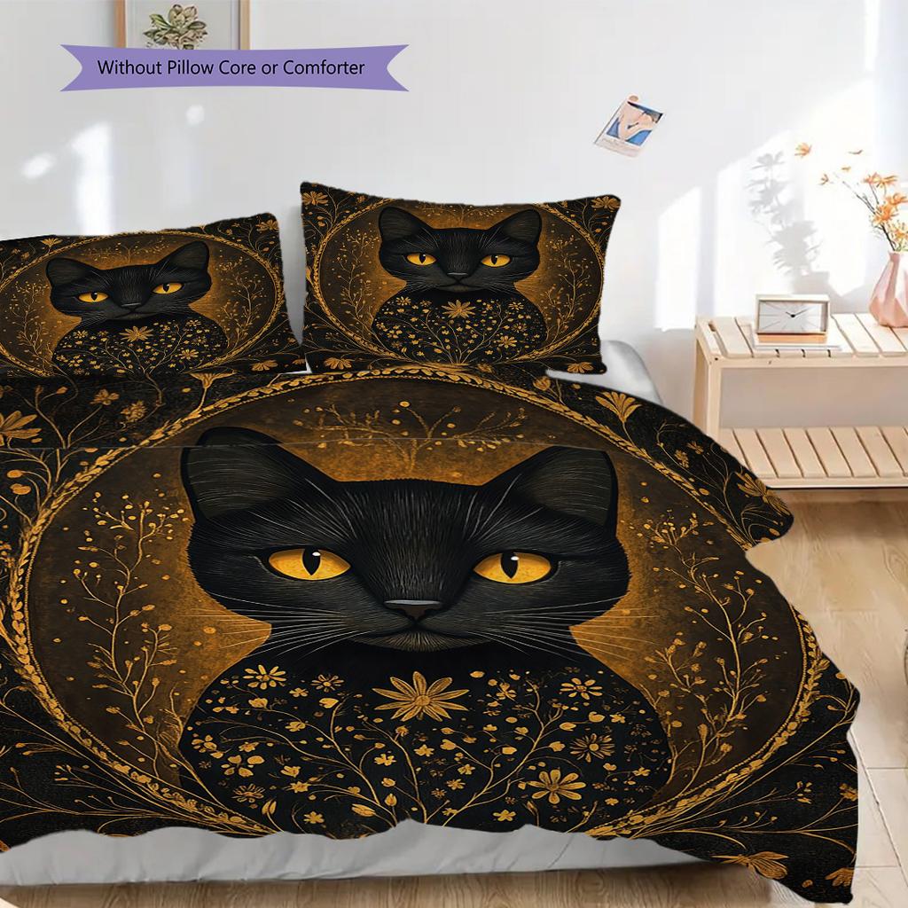 Black Cat Pattern Bedding Quilt Set Quilt Cover Pillowcase Home Decoration Birthday Gift (1 * Duvet Cover + 2 * Pillowcase, Without Core)
