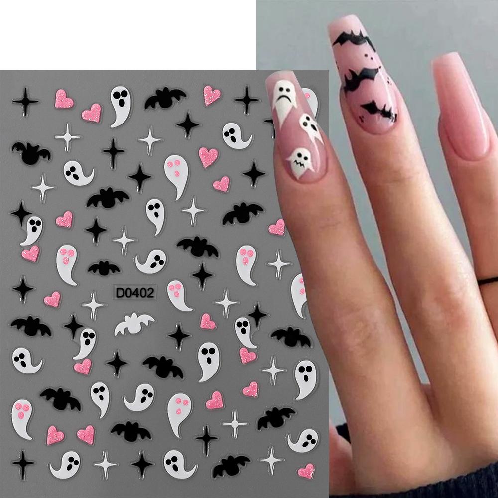 Pink Glitter Powder Skull Halloween 3D Nail Sticker 10X8cm Ghost Bat Spider Web Style Nail Decals DIY Winter Manicure Decoration