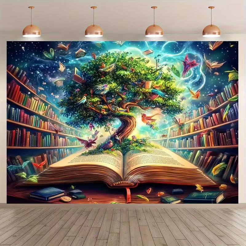 2D Fantasy Open Book with Magic Tree Library Photo Booth Background