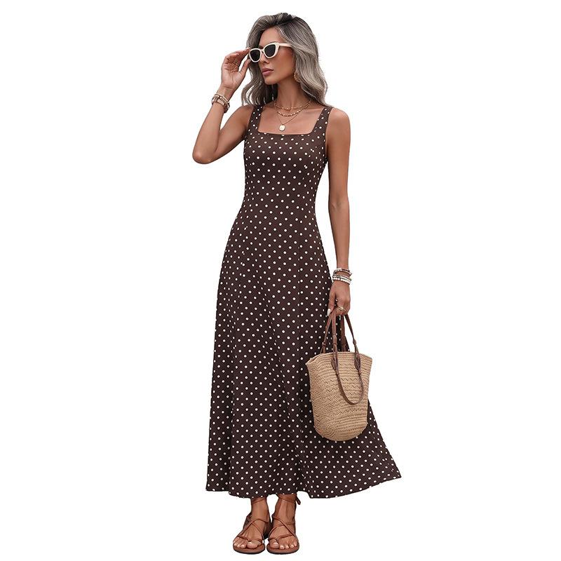 Women's Square Neck Corset A Line Maxi Dress Polka Dot Wide-Strap Dress Flowy Casual Summer Beach Long Tank Dress