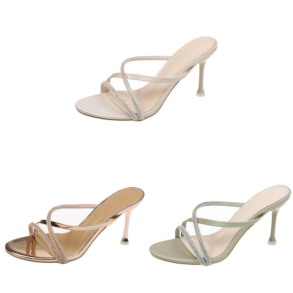 High Heel Slipon Sandals With Water Drilled Embellishments For Summer Wear