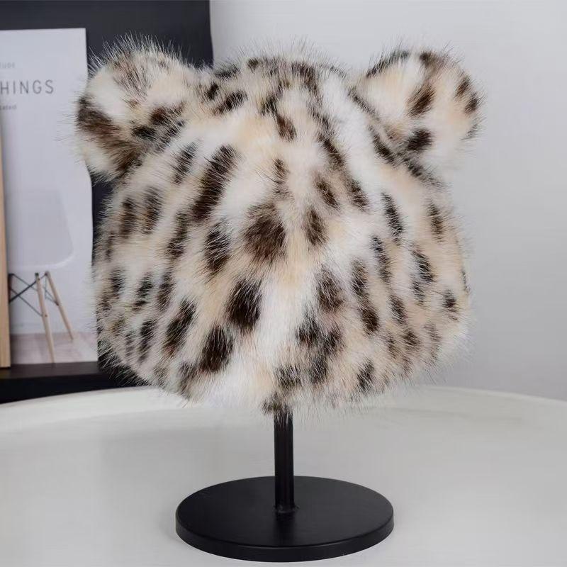 Autumn and Winter Leopard Print Fashion Fisherman Hat Women Cute Little Bear Ear Thickened for Keep Warmth Ear Protection No Eaves Hat