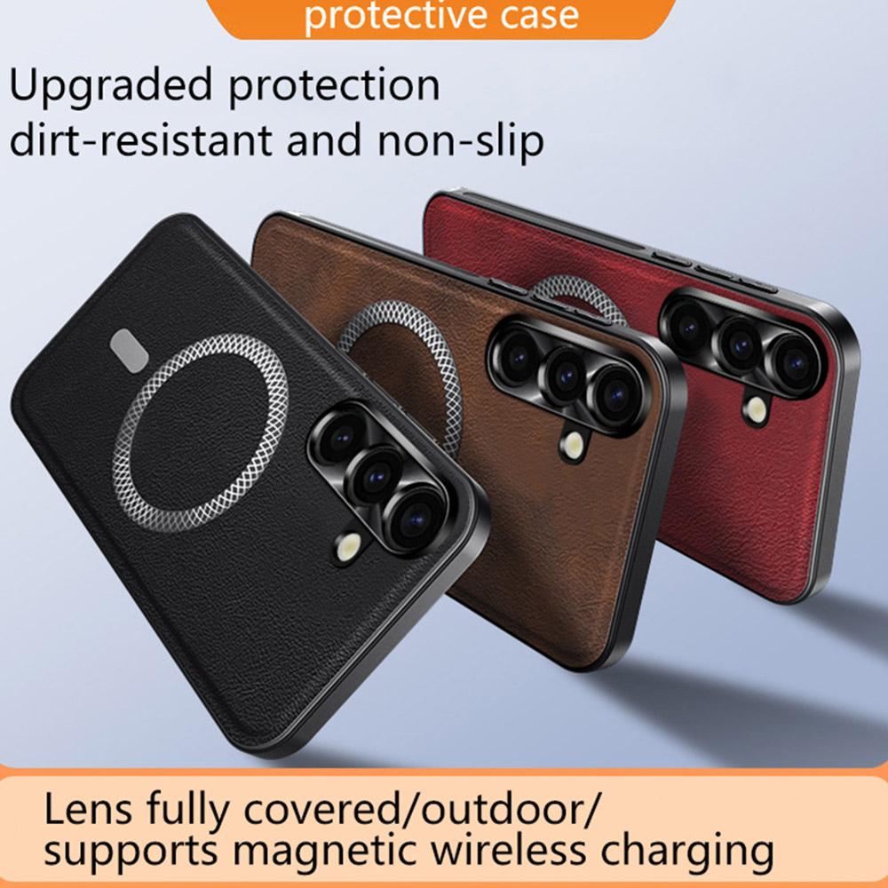 For Samsung Galaxy S25+ Case Compatible with MagSafe PU TPU PC Phone Back Cover with Metal Lens Frame