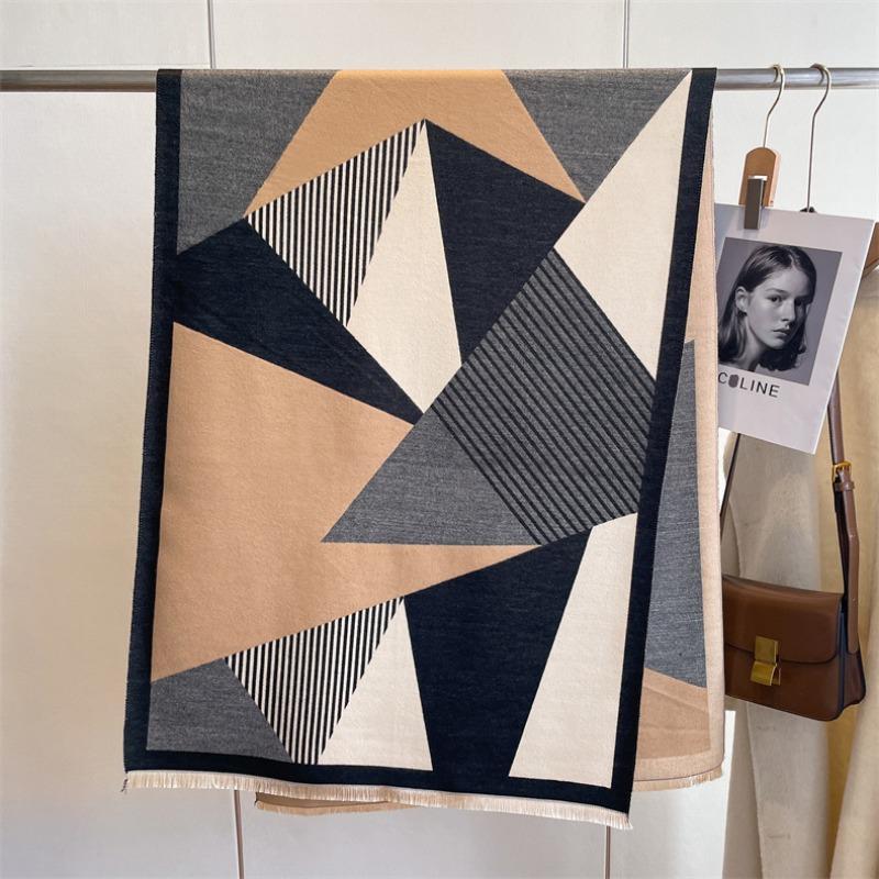New Geometric Color Matching Imitation Cashmere Women's Fringed Shawl Autumn and Winter Thickened Double-sided Jacquard Wool Scarf