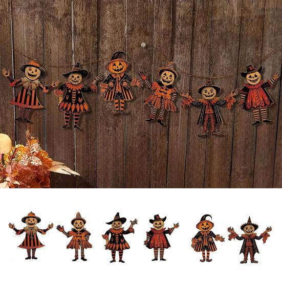 2 Pcs Halloween Vintage Bunting Banner Wooden Witch Pumpkin Scarecrow Hanging Banner Garland for Halloween Party Horror Home Wall Decor