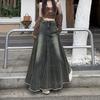Plus Size Retro American-Style A-line Denim Skirt with Frayed Hem, High Waist, and Slimming Fishtail Design