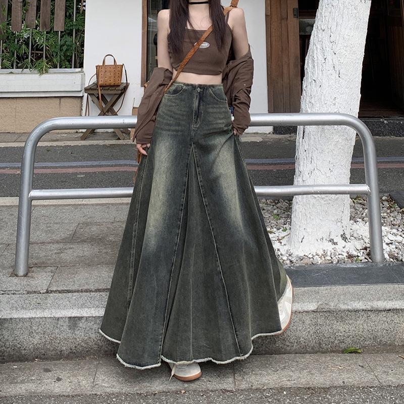 Plus Size Retro American-Style A-line Denim Skirt with Frayed Hem, High Waist, and Slimming Fishtail Design
