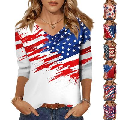 Damen Tops Dreiviertelärmel Shirt V-Ausschnitt Lockeres Freizeithemd Blumendruck T-Shirt