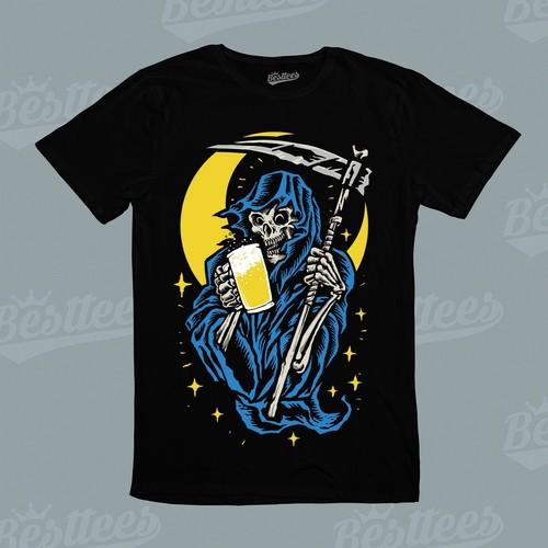 Halloween Horror Skull Skeleton Grim Reaper Drink Beer Death Graphic Tee T-Shirt S